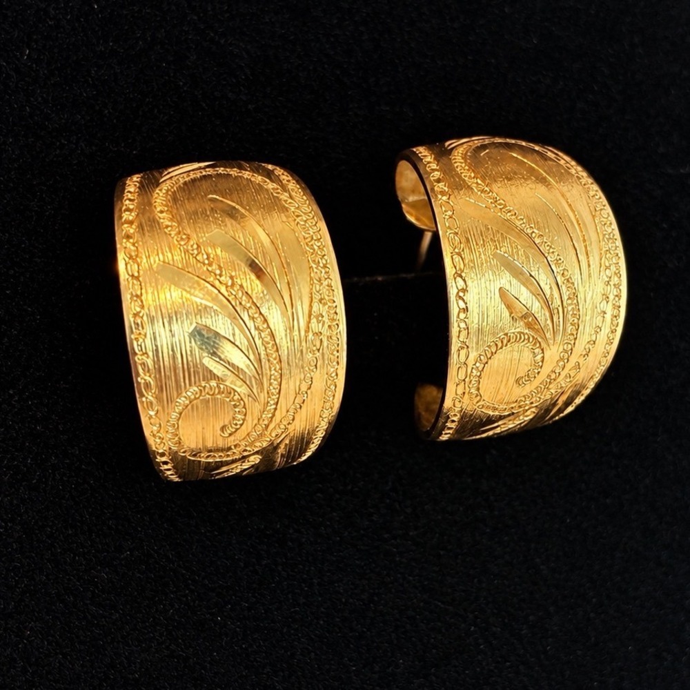 Vintage Napier Gold Tone Engraved Wide Half Hoop Earrings Pierced No Backs